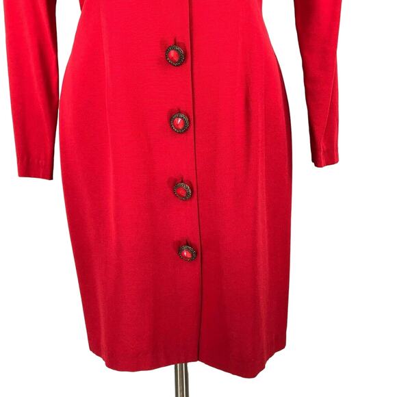 Madison Wells Sheath Dress Knee Length Long Sleeves Button Front Christmas Red - Picture 6 of 8